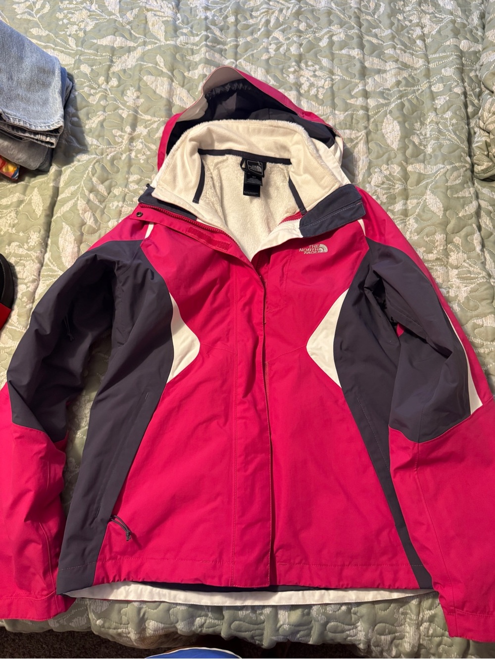 The North Face Pink, Gray & White Kids' Hooded Raincoat